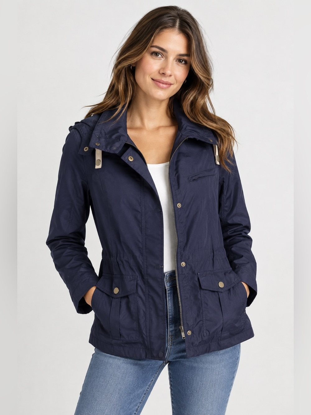 The Limited Womens S Navy Blue Utility Rain Jacket Hooded Lightweight Cargo Coat